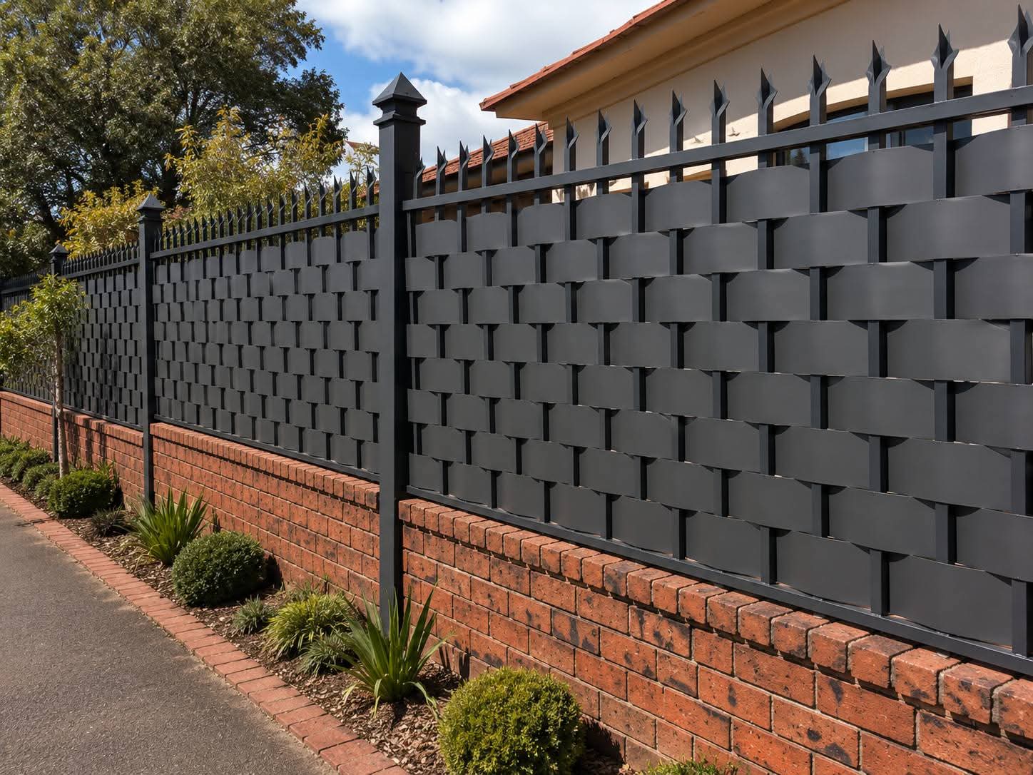 Charcoal woven palisade fencing on a residential boundary