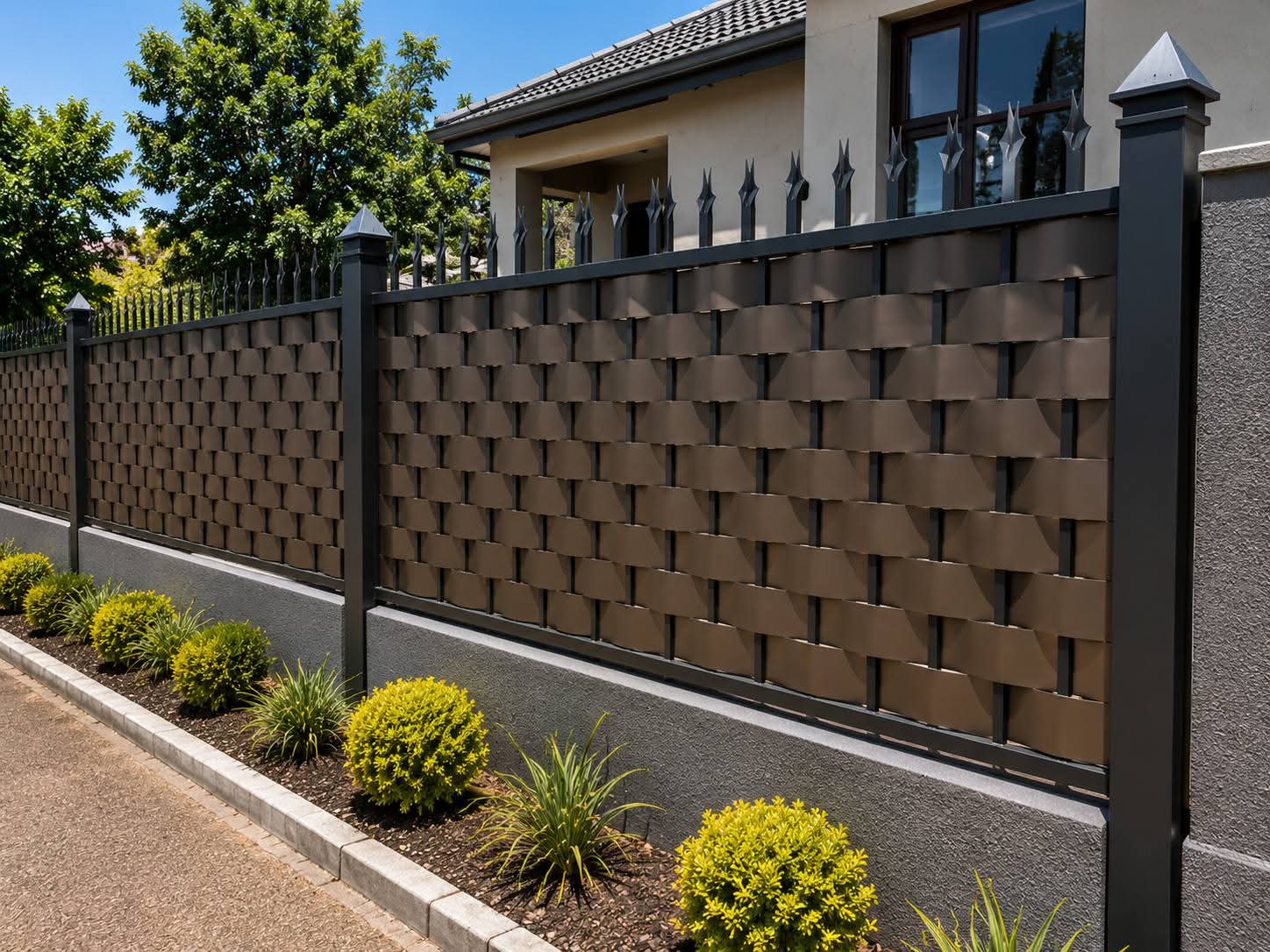Close-up of galvanised steel weaving strips installed through steel palisade uprights